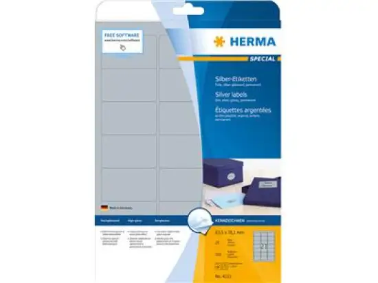Silber-Etiketten Herma 4113 Special 63,5 x 38,1 mm Folie, selbstklebend, silber, glänzend, Laser, Pack 525 Stk/25 Blatt