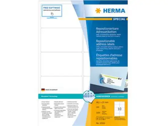 Adressetiketten Herma 10316 Special 99,1 x 57 mm selbstklebend, repositionierbar, weiß, Inkjet Laser Kopierer, Pack 1000 Stk/100 Blatt