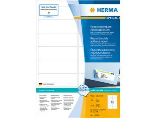 Adressetiketten Herma 10309 Special 99,1 x 38,8 mm selbstklebend, repositionierbar, weiß, Inkjet Laser Kopierer, Pack 1600 Stk/100 Blatt
