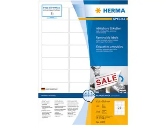 Etiketten Herma 10300 Special 63,5 x 29,6 mm weiß, selbstklebend, ablösbar + wieder haftend, Inkjet Laser Kopierer, Pack 2700 Stk/100 Blatt