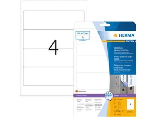Ordner-Rückenschild Etiketten Herma 10160 Special kurz/breit, matt, selbstklebend, ablösbar, blanko, weiß, Inkjet Laser Kopierer, Pack 100 Stk/25 Blatt