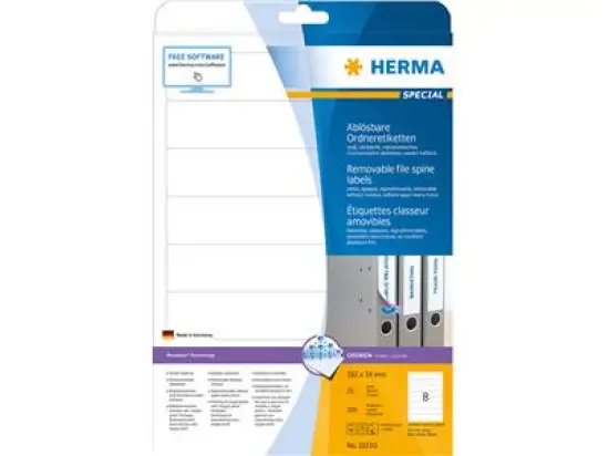 Ordner-Rückenschild Etiketten Herma 10150 Special kurz/schmal, matt, selbstklebend, ablösbar, blanko, weiß, Inkjet Laser Kopierer, Pack 200 Stk/25 Blatt
