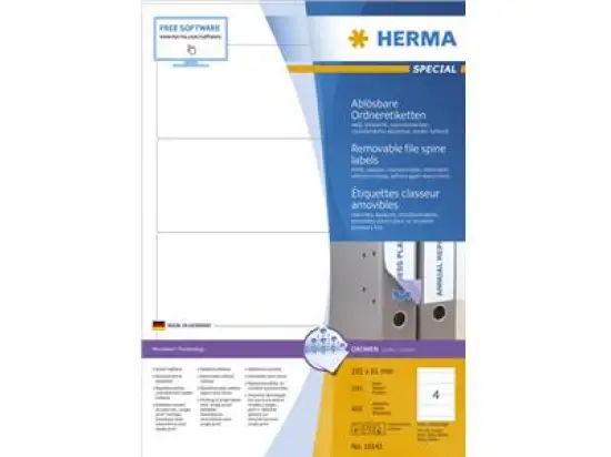 Ordner-Rückenschild Etiketten Herma 10141 Special kurz/breit, blickdicht, selbstklebend, wiederablösbar, blanko, weiß, Inkjet Laser Kopierer, Pack 400 Stk/100 Blatt