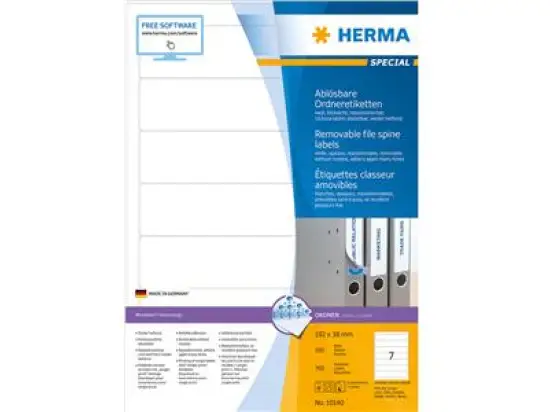 Ordner-Rückenschild Etiketten Herma 10140 Special kurz/schmal, matt, selbstklebend, ablösbar + wieder haftend, blanko, weiß, Inkjet Laser Kopierer, Pack 700 Stk/100 Blatt