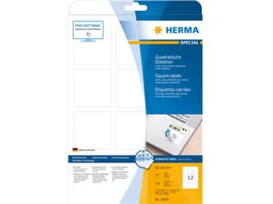 Etiketten Herma 10109 Special 60 x 60 mm quadratisch weiß selbstklebend, ablösbar + wieder haftend, Inkjet Laser Kopierer, Pack 300 Stk/25 Blatt