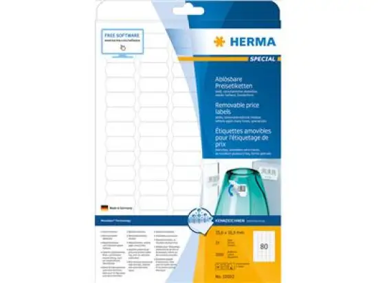 Preis-Etiketten Herma 10002 Special 35,6 x 16,9 mm weiß, selbstklebend, wiederablösbar, Inkjet Laser Kopierer, Pack 2000 Stk/25 Blat