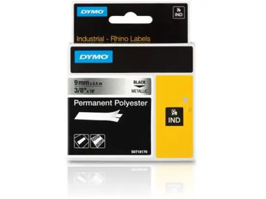 Schriftband-Kassette Dymo S0718170 18485 Rhino 9mm x 5,5m, schwarz auf metallic, Pack 5 Stk