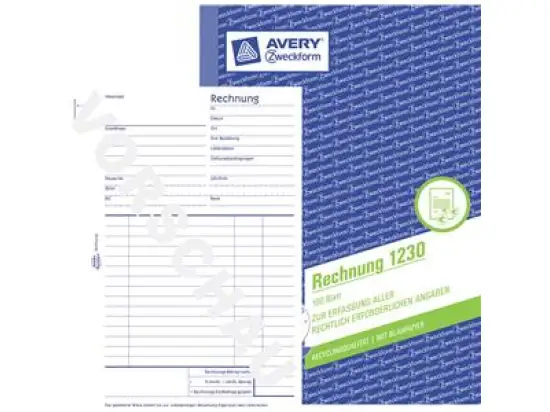 Rechnung Avery Zweckform 1230 A5 Recycling 100 Blatt mit Blaupapier aufgeteilt in Netto/MwSt.