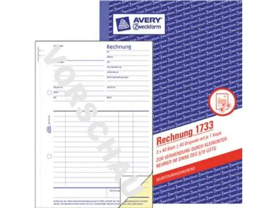 Rechnung Avery Zweckform 1733 Kleinunternehmer A5 2 x 40 Blatt selbstdurchschreibend, Pack 10 Stk