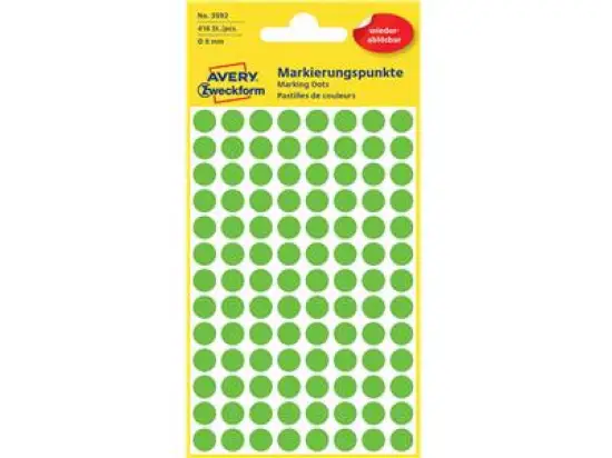 Markierungspunkte Avery Zweckform 3592 8mm grün wiederablösbar, Pack 416 Stk/4 Blatt