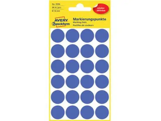 Markierungspunkte Avery Zweckform 3596 18mm blau wiederablösbar, Pack 96 Stk/4 Blatt