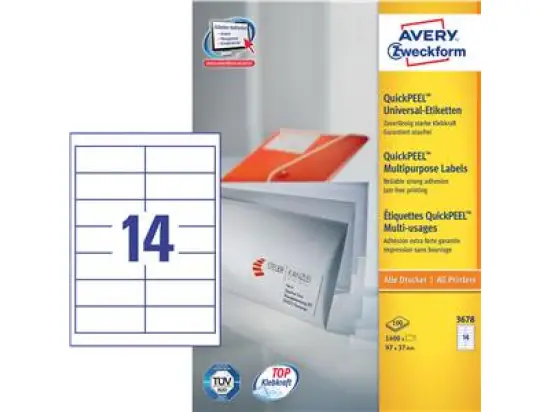 Etiketten Avery Zweckform 3678 97 x 37 mm weiß A4, Inkjet Laser Kopierer, Pack 1400 Stk/100 Blatt