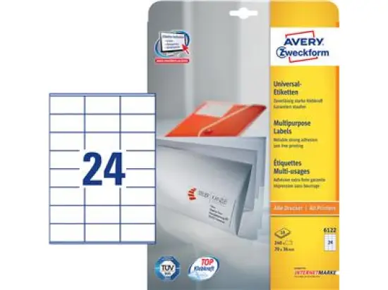 Etiketten Avery Zweckform 6122 70 x 36 mm weiß, Inkjet Laser Kopierer, Pack 240 Stk/10 Blatt