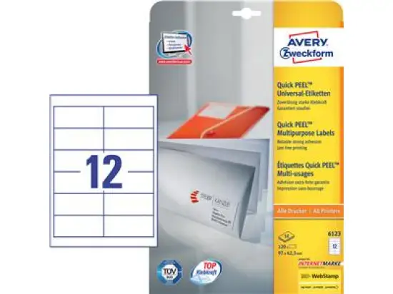 Etiketten Avery Zweckform 6123 97 x 42,3 mm weiß, Inkjet Laser Kopierer, Pack 120 Stk/10 Blatt