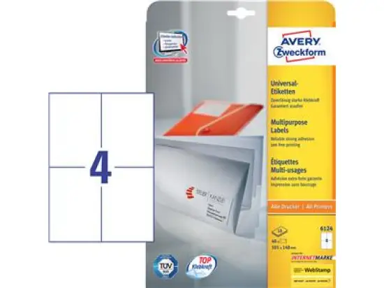 Etiketten Avery Zweckform 6124 105 x 148 mm weiß, Inkjet Laser Kopierer, Pack 40 Stk/10 Blatt