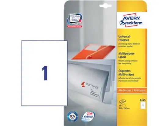 Etiketten Avery Zweckform 6125 210 x 297 mm weiß, Inkjet Laser Kopierer, Pack 10 Stk/10 Blatt
