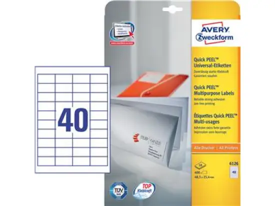 Etiketten Avery Zweckform 6126 48,5 x 25,4 mm weiß, Inkjet Laser Kopierer, Pack 400 Stk/10 Blatt