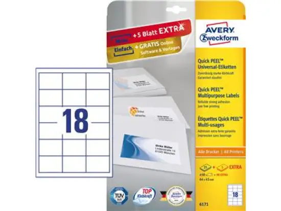 Etiketten Avery Zweckform 6171 64 x 45 mm weiß, Inkjet Laser Kopierer, Pack 540 Stk/30 Blatt