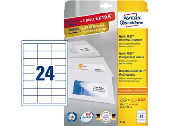 Etiketten Avery Zweckform 6172 64,6 x 33,8 mm weiß, Inkjet Laser Kopierer, Pack 720 Stk/30 Blatt