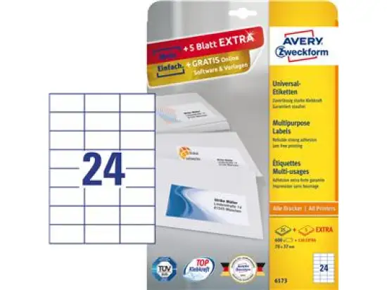 Etiketten Avery Zweckform 6173 70 x 37 mm weiß, Inkjet Laser Kopierer, Pack 720 Stk/30 Blatt