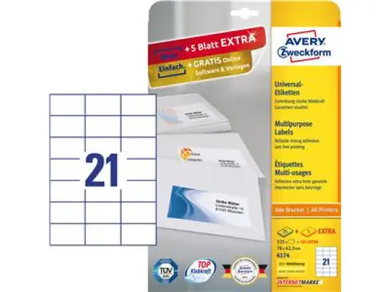 Etiketten Avery Zweckform 6174 70 x 42,3 mm weiß, Inkjet Laser Kopierer, Pack 630 Stk/30 Blatt