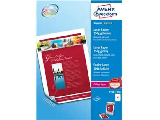 Papier Avery Zweckform 25983-100 A3 150g beidseitig hochglänzend, Laser, Pack 100 Blatt