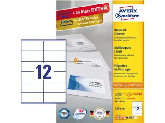 Etiketten Avery Zweckform 3424-200 105 x 48 mm weiß, Inkjet Laser Kopierer, Pack 2640 Stk/200 Blatt