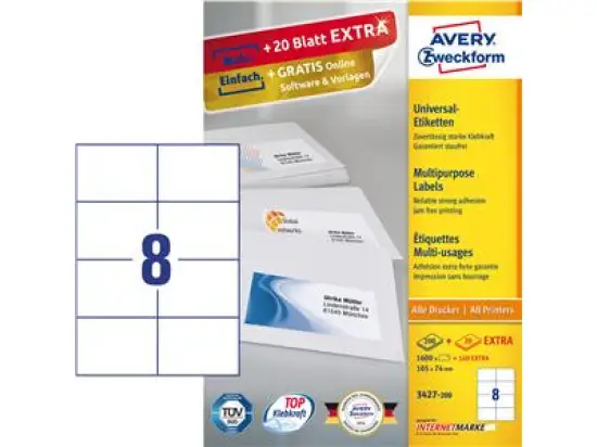 Etiketten Avery Zweckform 3427-200 105 x 74 mm weiß, Inkjet Laser Kopierer, Pack 1760 Stk/200 Blatt