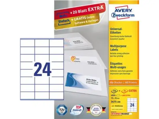 Etiketten Avery Zweckform 3475-200 70 x 36 mm weiß, Inkjet Laser Kopierer, Pack 5280 Stk/220 Blatt