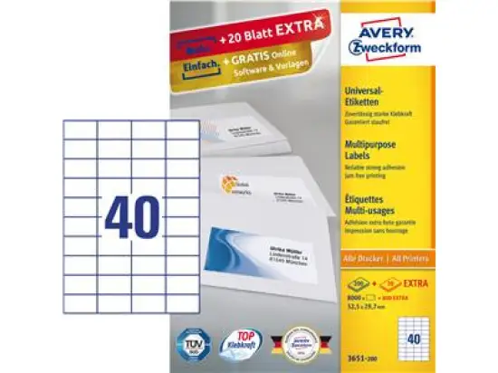 Etiketten Avery Zweckform 3651-200 52,5 x 29,7 mm weiß, Inkjet Laser Kopierer, Pack 8800 Stk/220 Blatt