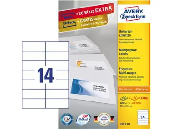 Etiketten Avery Zweckform 3653-200 105 x 42,3 mm weiß, Inkjet Laser Kopierer, Pack 3080 Stk/220 Blatt