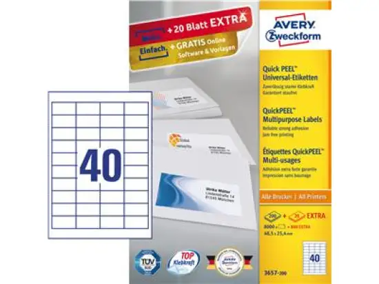 Etiketten Avery Zweckform 3657-200 48,5 x 25,4 mm weiß, Inkjet Laser Kopierer, Pack 8800 Stk/220 Blatt