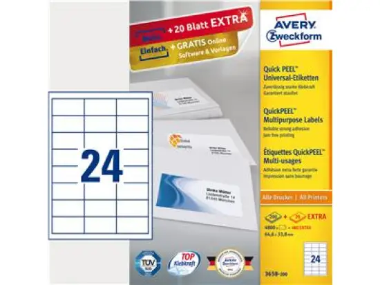 Etiketten Avery Zweckform 3658-200 64,6 x 33,8 mm weiß, Inkjet Laser Kopierer, Pack 5280 Stk/220 Blatt