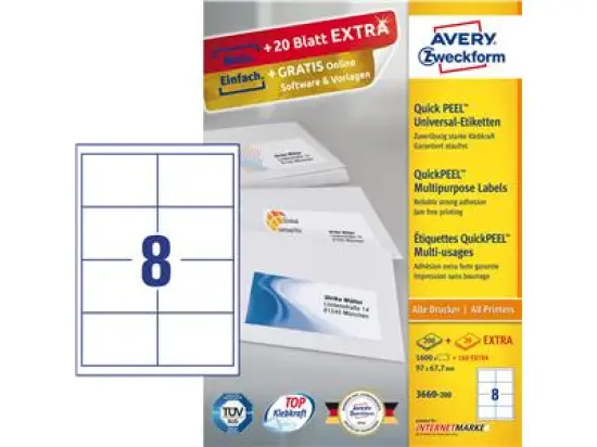 Etiketten Avery Zweckform 3660-200 97 x 67,7 mm weiß, Inkjet Laser Kopierer, Pack 1760 Stk/220 Blatt