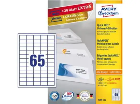 Etiketten Avery Zweckform 3666-200 38 x 21,2 mm weiß, Inkjet Laser Kopierer, Pack 14300 Stk/220 Blatt