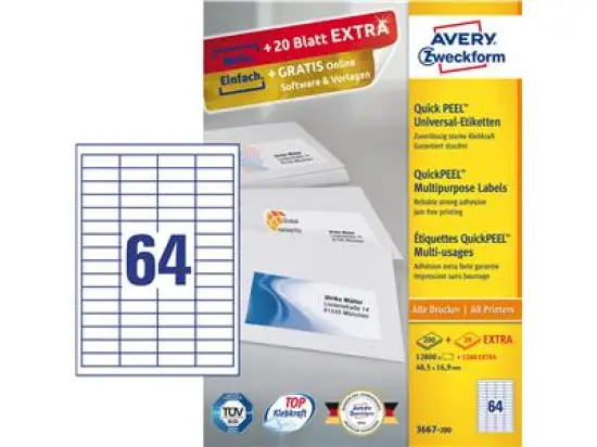 Etiketten Avery Zweckform 3667-200 48,5 x 16,9 mm weiß, Inkjet Laser Kopierer, Pack 14080 Stk/220 Blatt