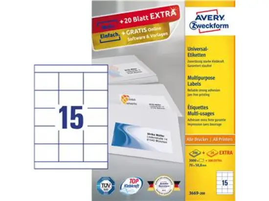 Etiketten Avery Zweckform 3669-200 70 x 50,8 mm weiß, Inkjet Laser Kopierer, Pack 3300 Stk/220 Blatt