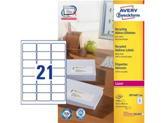 Adressetiketten Avery Zweckform 7160-100 63,5 x 38,1 mm weiß, Pack 2100 Stk/100 Blatt