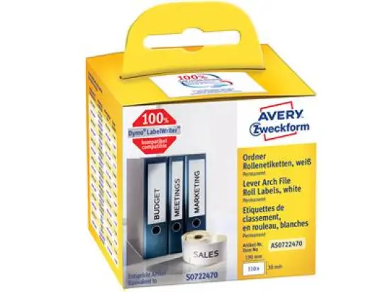Ordner-Rückenschild Etiketten Avery Zweckform AS0722470 190 x 38 mm selbstklebend weiß, Rolle 110 Stk