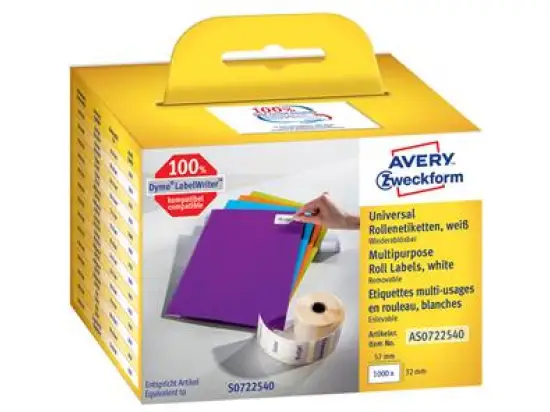 Vielzweck-Etiketten Avery Zweckform AS0722540 57 x 32 mm selbstklebend wiederablösbar weiß, Rolle 1000 Stk