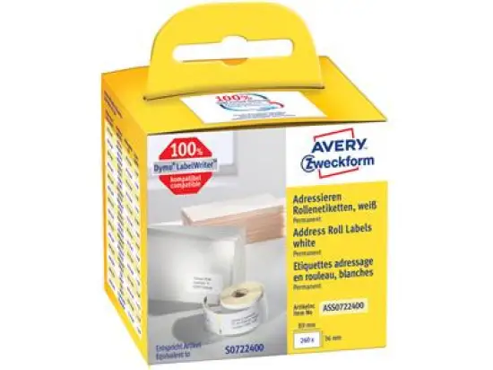 Adressetiketten Avery Zweckform ASS0722400 89 x 36 mm selbstklebend weiß, Rolle 260 Stk