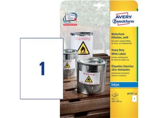 Etiketten Avery Zweckform J4775-10 210 x 297 mm A4 weiß wetterfest, Inkjet, Pack 10 Stk/10 Blatt