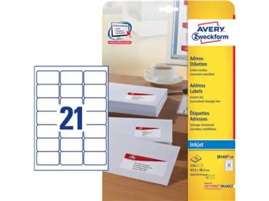 Adressetiketten Avery Zweckform J8160-10 63,5 x 38,1 mm C6 spezialbeschichtet, Inkjet, Pack 210 Stk/10 Blatt
