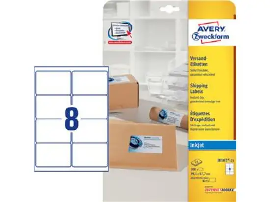 Adressetiketten Avery Zweckform J8165-25 99,1 x 67,7 mm C4 spezialbeschichtet, Inkjet, Pack 200 Stk/25 Blatt