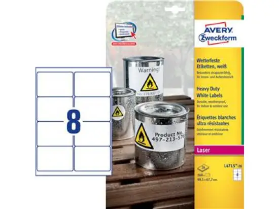 Etiketten Avery Zweckform L4715-20 99,1 x 67,7 mm weiß wetterfest, Laser, Pack 160 Stk/20 Blatt