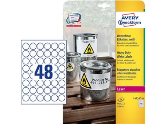 Etiketten Avery Zweckform L4716-20 Ø 30 mm rund,weiß wetterfest, Laser, Pack 960 Stk/20 Blatt