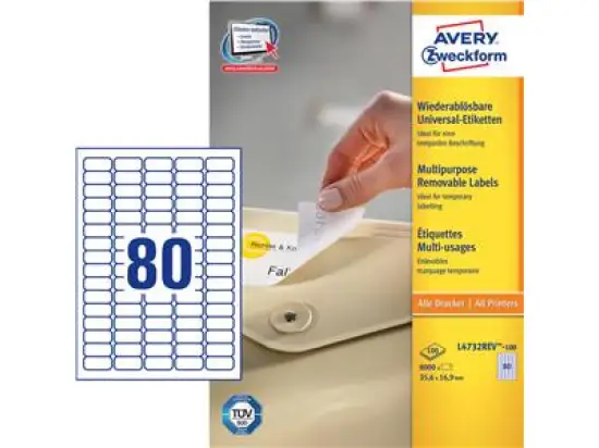 Etiketten Avery Zweckform L4732-100 35,6 x16,9 mm weiß selbstklebend, wiederablösbar, Inkjet Laser Kopierer, Pack 8000 Stk/100 Blatt