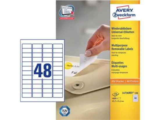 Etiketten Avery Zweckform L4736REV-100 45,7 x 21,2 mm weiß selbstklebend, wiederablösbar, Pack 4800 Stk/100 Blatt