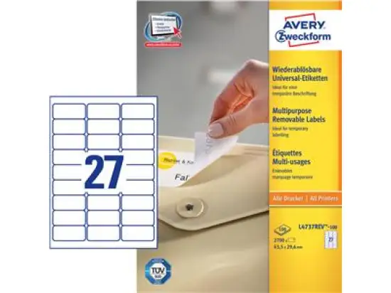Etiketten Avery Zweckform L4737-100 63,5 x 29,6 mm weiß selbstklebend, wiederablösbar, Pack 2700 Stk/100 Blatt