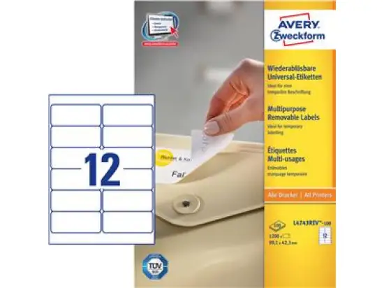 Etiketten Avery Zweckform L4743-100 99,1 x 42,3 mm weiß selbstklebend, wiederablösbar, Inkjet Laser Kopierer, Pack 1200 Stk/100 Blatt